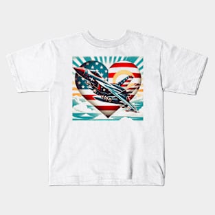 Retro Fighter Jet Airplane American Flag Heart 4Th Of July Kids T-Shirt